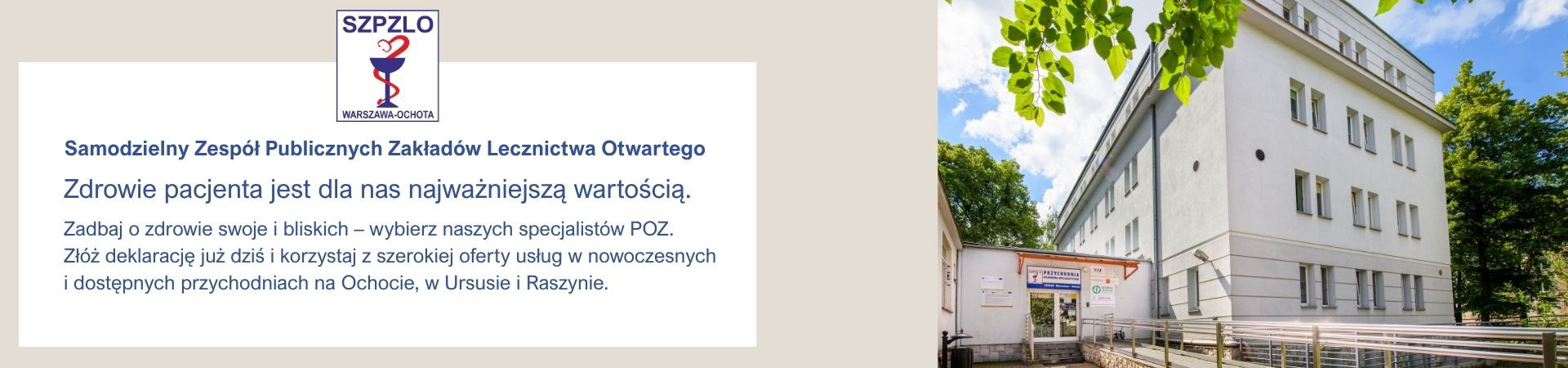 Slajd promujący przychodnię Rejonowo-Specjalistyczną_Sosnkowskiego18 – informacja o dostępności specjalistów POZ oraz zachęta do składania deklaracji wyboru placówki Rejonowo-Specjalistycznej_Sosnkowskiego18. Logo NFZ.